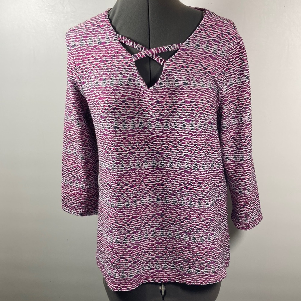 Rebecca Malone Top Women Size M Purple & Black Cut Out 3/4 Sleeves